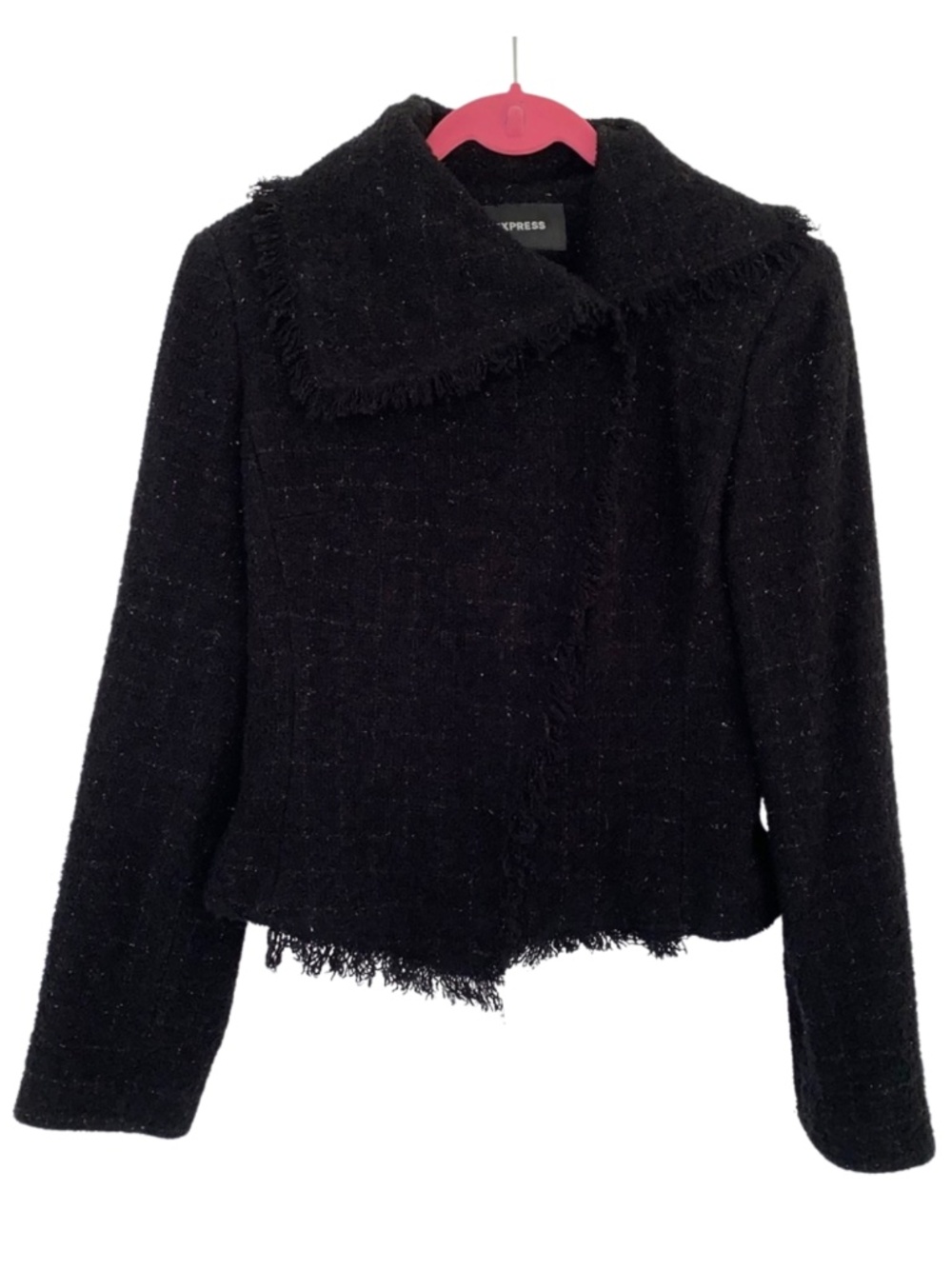 Wool Blend Boucle Fringe Trim Moto Jacket Black 5/6